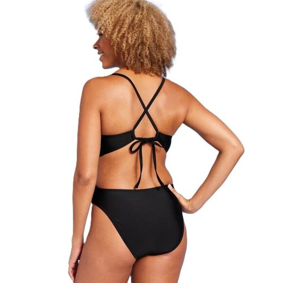 Shade & Shore Black Bead Detail High Leg Cheeky Plunge Front Swimsuit - Picture 2 of 5